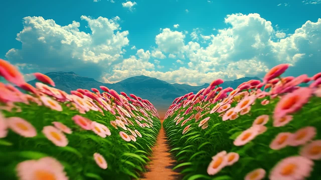Colorful flower field under a bright sky. Vibrant flowers bloom in a lush field surrounded by mountains under a blue sky filled with fluffy clouds.
