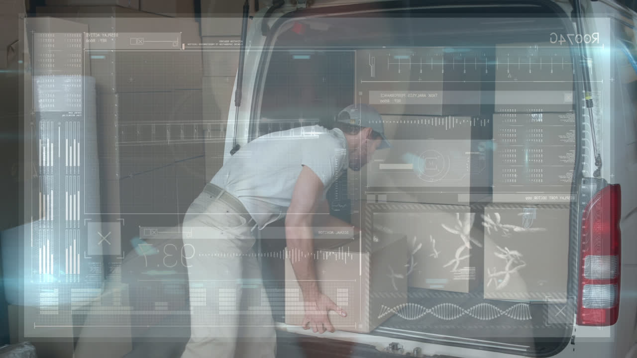 animación del procesamiento de datos sobre un mensajero caucásico masculino