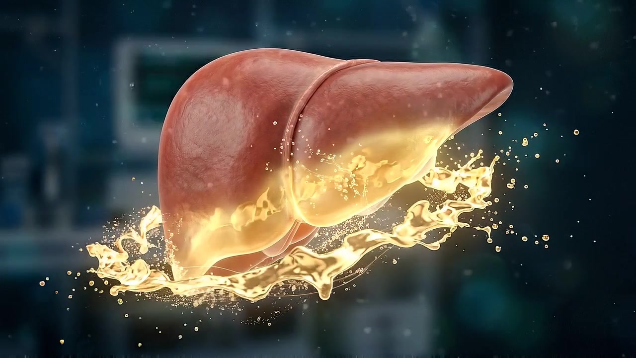 Detailed isolated liver glowing with golden particles on dark background