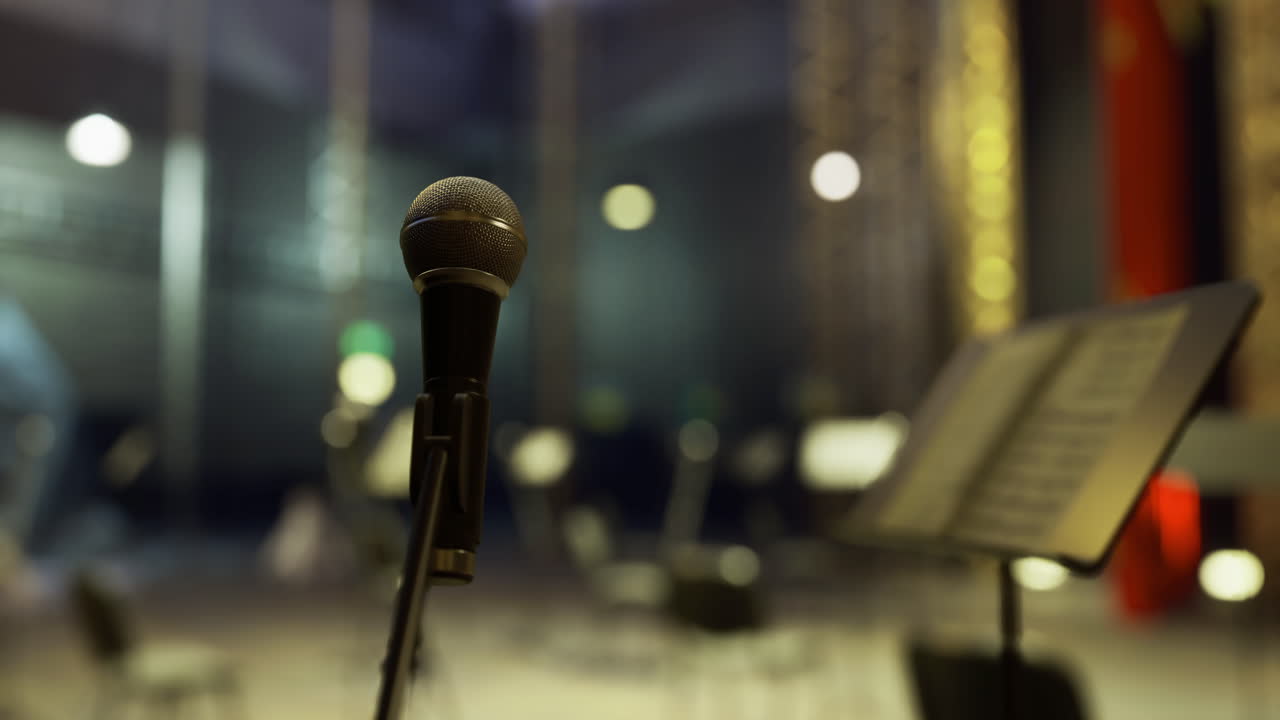Microphone ready for performance in an empty concert hall at night