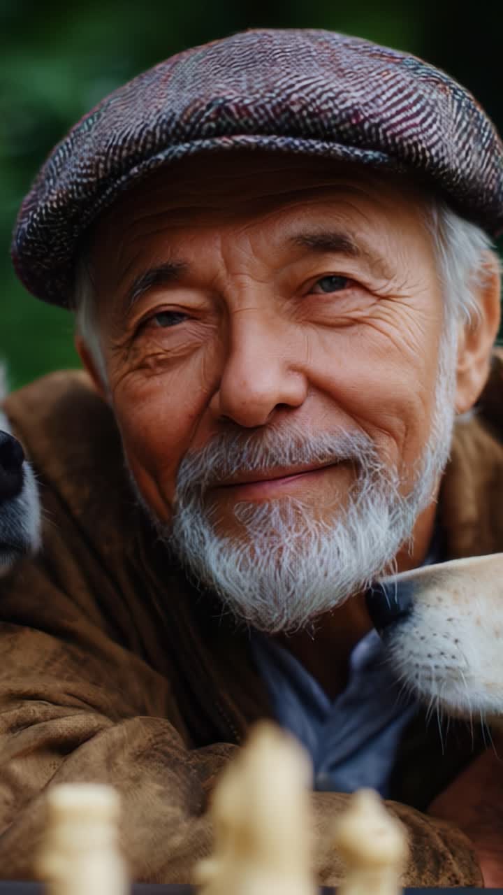 A Smiling Elderly Man Enjoys Time with Dogs While Playing Chess Outdoors, Capturing a Heartwarming Moment of Companionship and Joy in Nature's Embrace