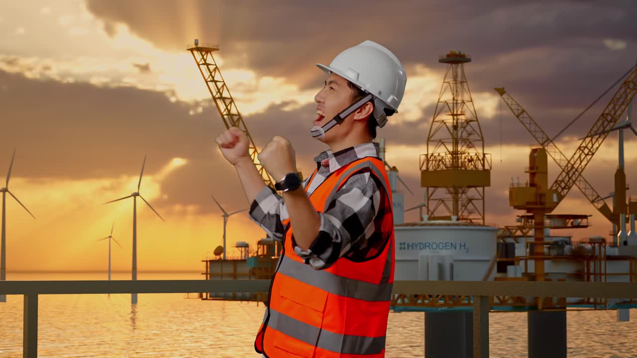 Engineer Celebrating Success at Offshore Renewable Energy Project