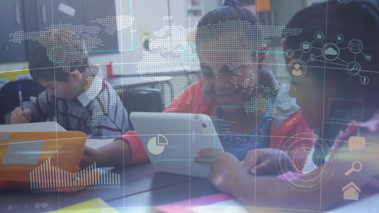 In school, children using tablet with animation and digital technology overlay