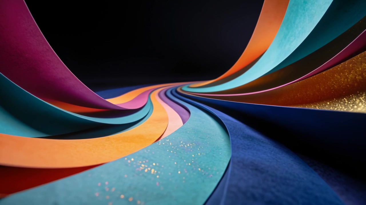 Starting camera glide traveling through ribbon tunnel in dark void, with gold glitter showing color