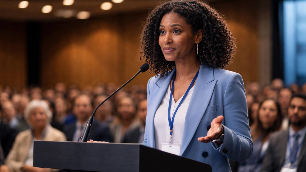 Donna Nera Sicura di Sé che Tiene una Presentazione a una Conferenza