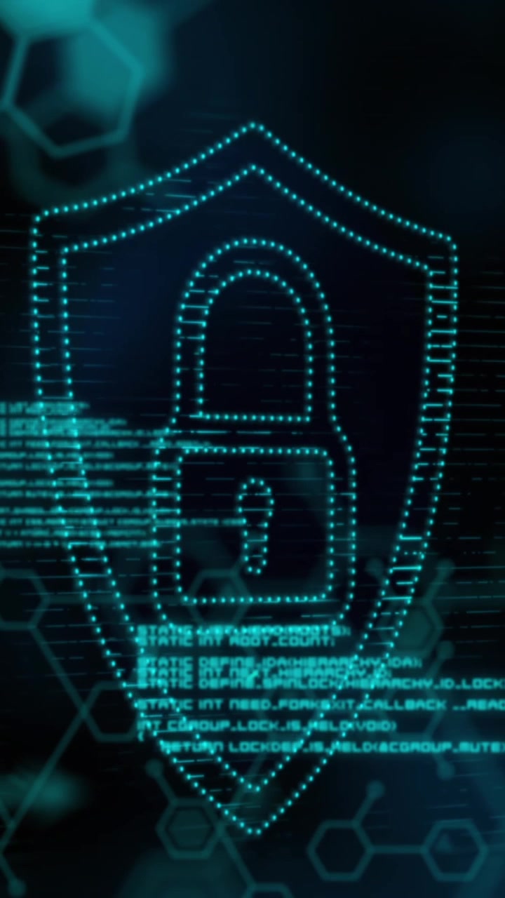 Animation of security padlock icon, chemical structures and data processing against blue background