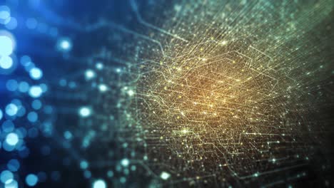 fondo tecnológico abstracto hecho de placa de circuito impreso. profundidad de efecto de campo y bokeh. conexiones a internet, computación en la nube y red neuronal, big data. renderizado en 3d, bucle sin costuras en 4k