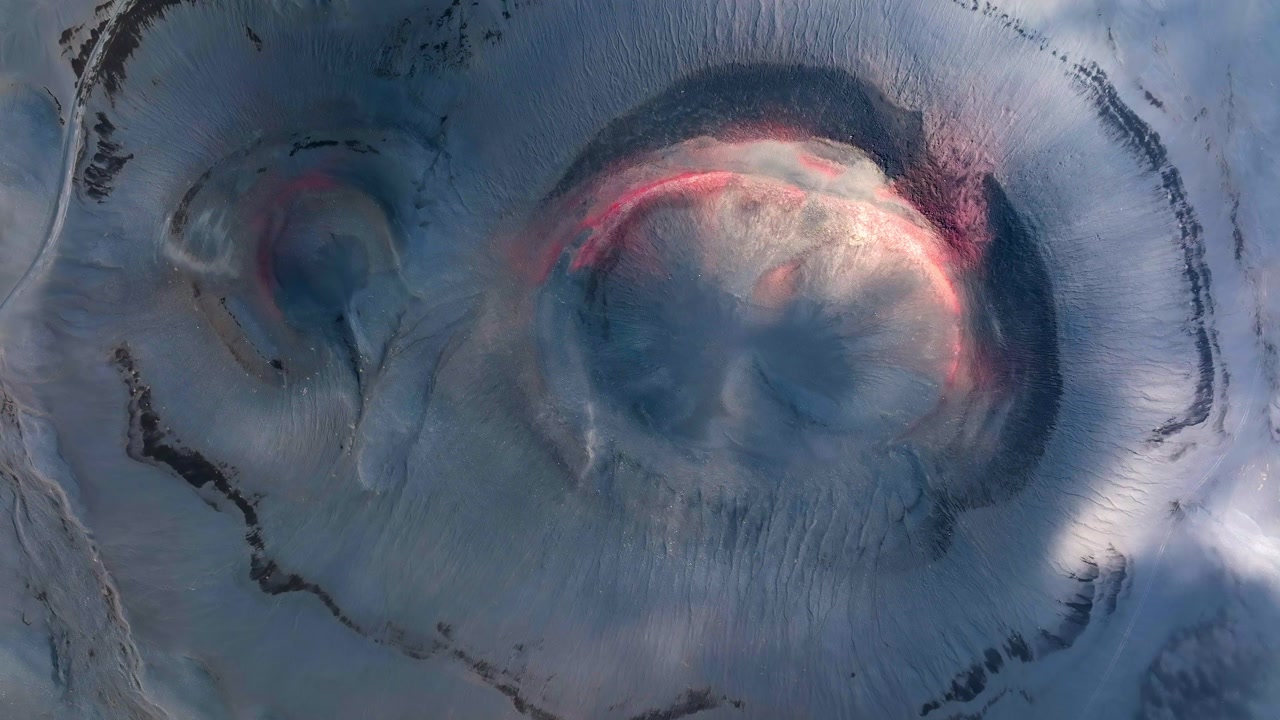 Volcanic slag cone in Iceland from aerial drone view showing epic crater shape landscape