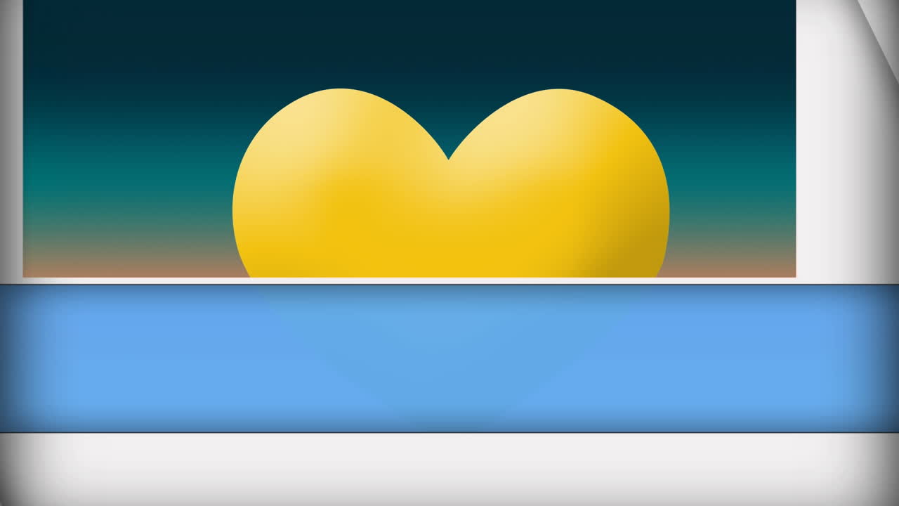 해가 지는 하늘에서 노란색 심장 아이콘을  ⁇ 는 파란색과  ⁇ 색 패널의 애니메이션