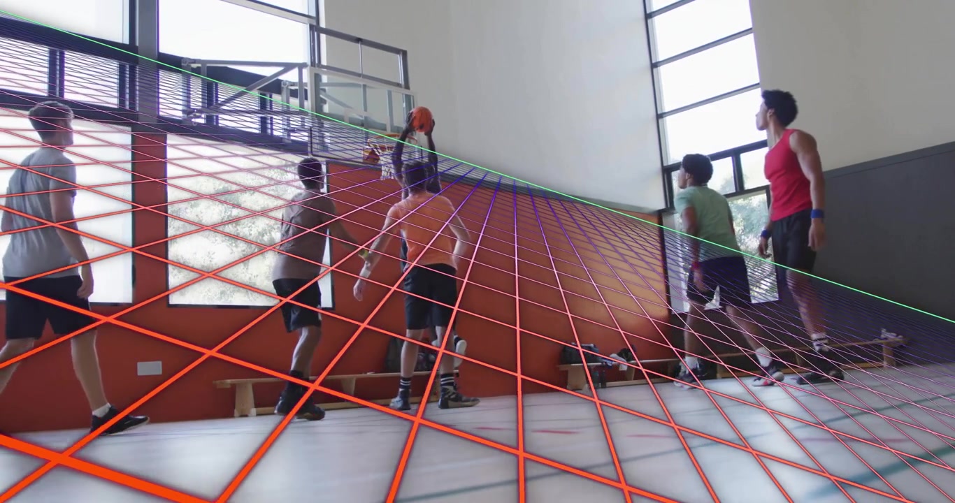 Entraînement d'équipe, exercices de basket-ball d'attaque et de défense dans un gymnase, avec graphiques de tirs animés et statistiques