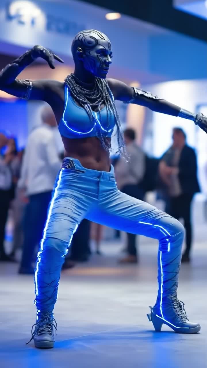 Futuristic blue glowing cyborg woman crouching in a dark technology exhibition space