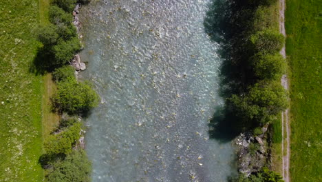 symmetrical top down view of blue freshwater river flowing downstream on summer day with vibrant greenery, aerial