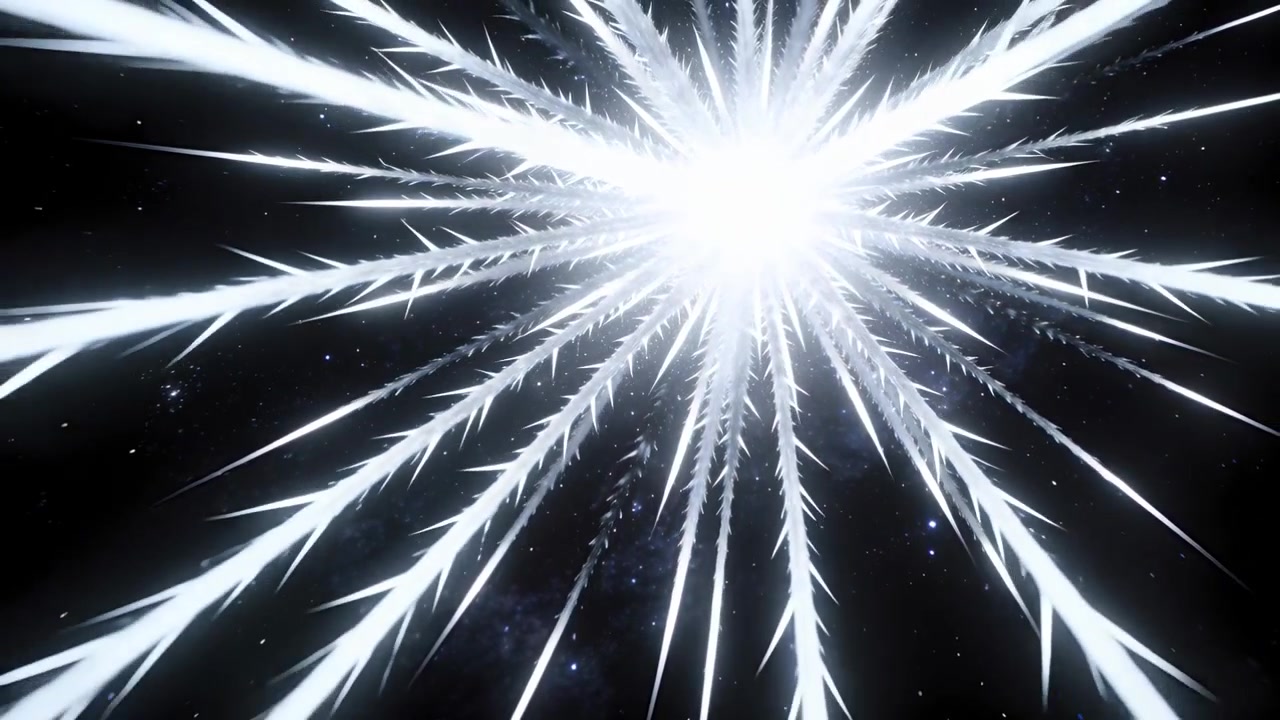 爆発する中心の光る核から、ギザギザの光線が宇宙の虚空を横切り、粒子を曳きながら広がっていく。