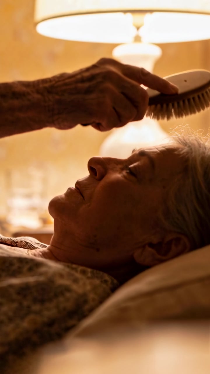 Vertical video: Brushing hand reaching senior hair with brush at bedside in pjs for care, lit lamp