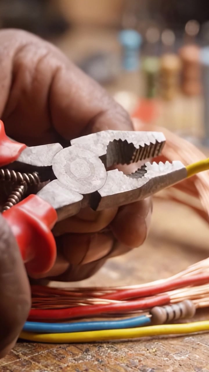 Travail électrique de précision : un artisan montre l'art de dénuder les fils et de connecter les conducteurs électriques avec une utilisation experte de pinces et des techniques manuelles soignées.