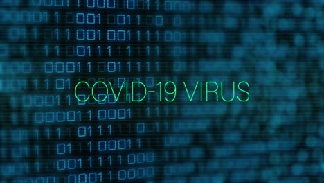 animation of covid 19 virus text in green and interference over binary data processing