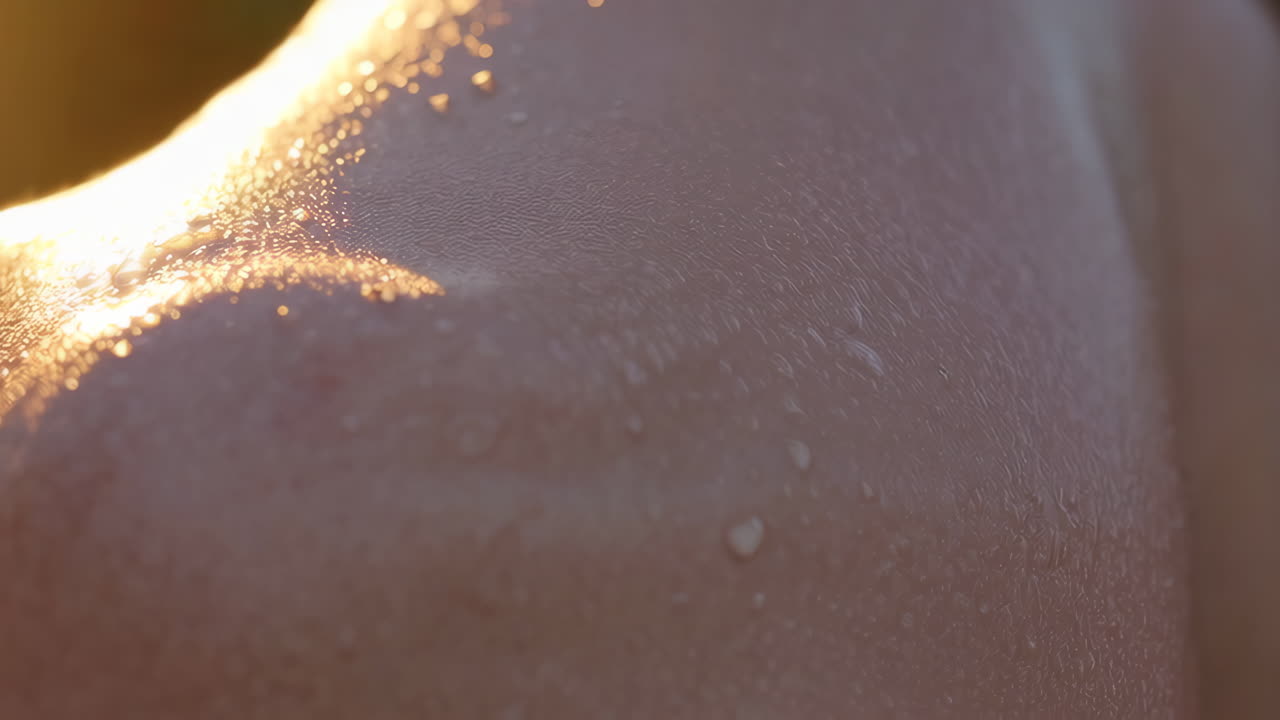 Close-up of wet skin with water droplets illuminated by golden light