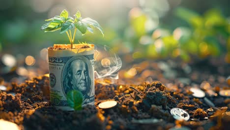 A plant is growing out of a dollar bill. The dollar bill is surrounded by coins. Concept of money growing and the value of money