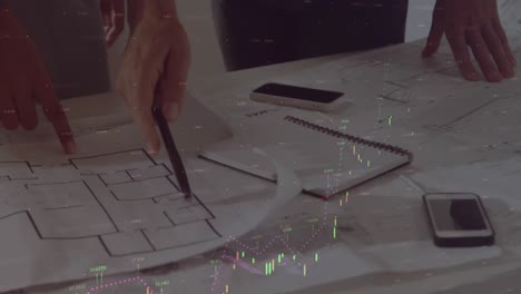 animation of statistics and data processing over architects with plans in meeting