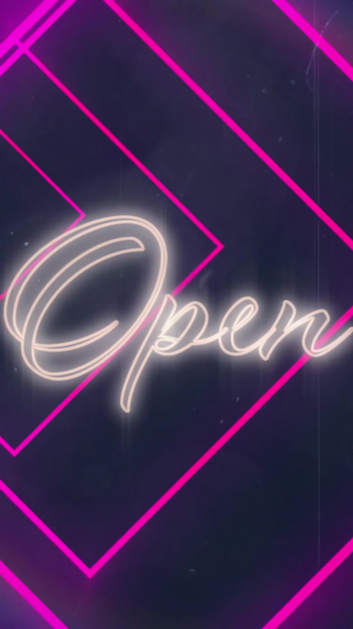 Animation of pink neon geometrical shapes over open text