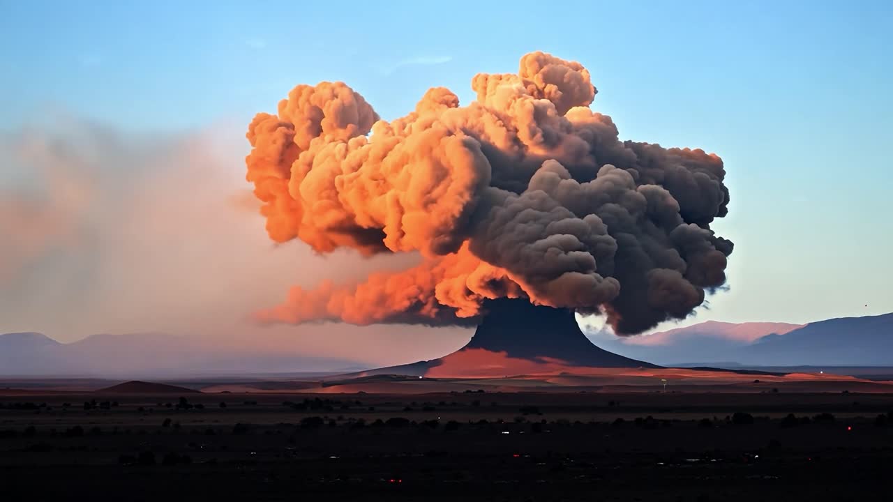 la erupción del volcán crea una dramática nube de ceniza sobre el paisaje desértico.