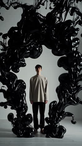 man in beige sweater and black pants against a white wall