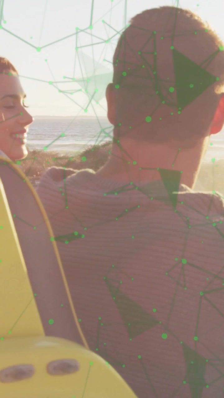 Vertical video: Driver looking back urging woman climbing to watch sea, tour green overlay on pair