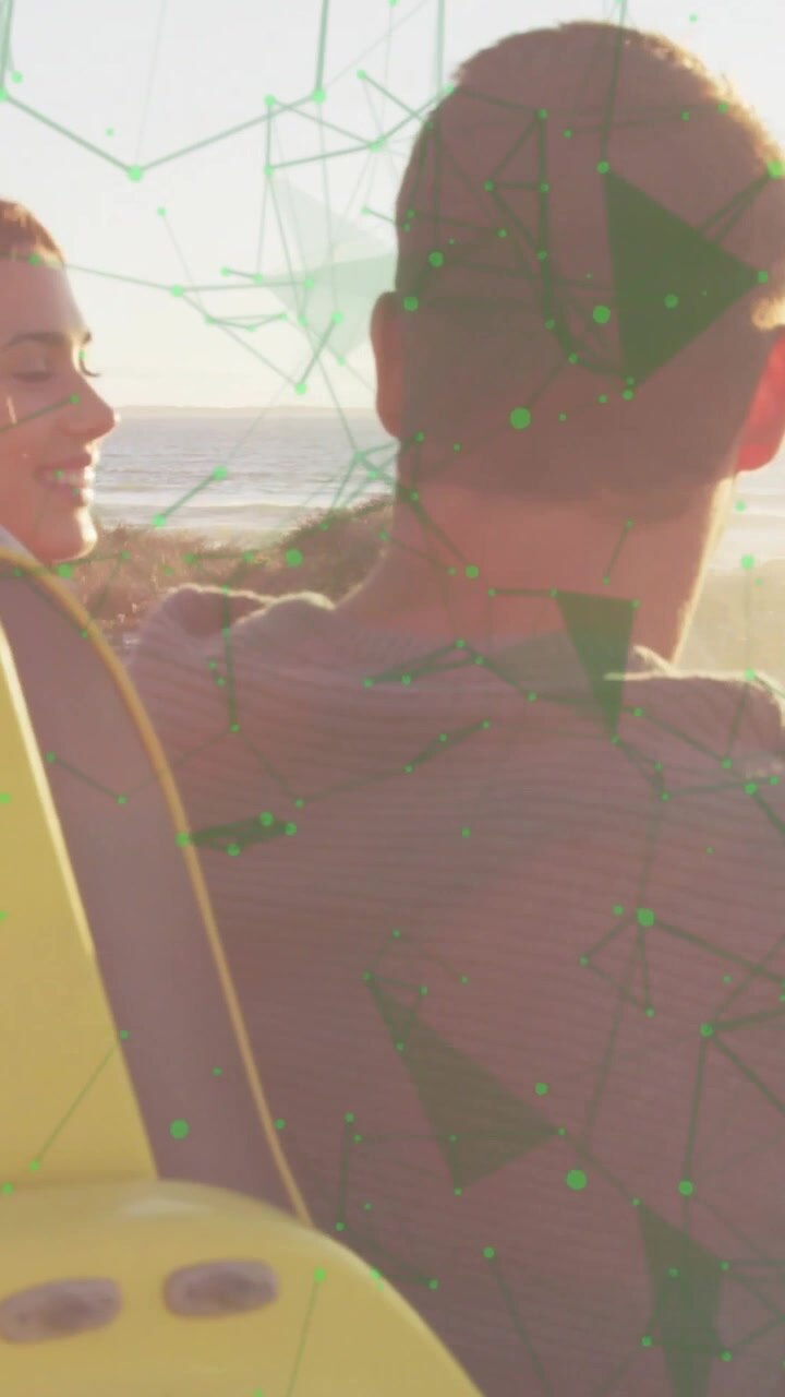 Vertical video: Driver looking back urging woman climbing to watch sea, tour green overlay on pair