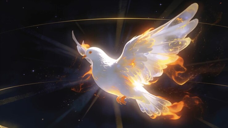 Hovering stylized white dove flapping and igniting wing flames in space, with gold rings pulsing