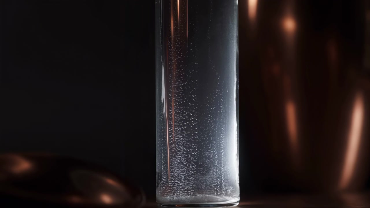 Eye-level close-up of tall cylindrical glass partially filled with clear carbonated liquid, where rising bubble trails and growing clusters create bright reflections, soft blur, and elegant studio