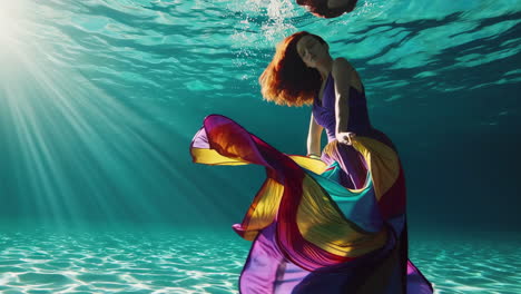 graceful woman in vibrant flowing dress underwater with sunlit rays