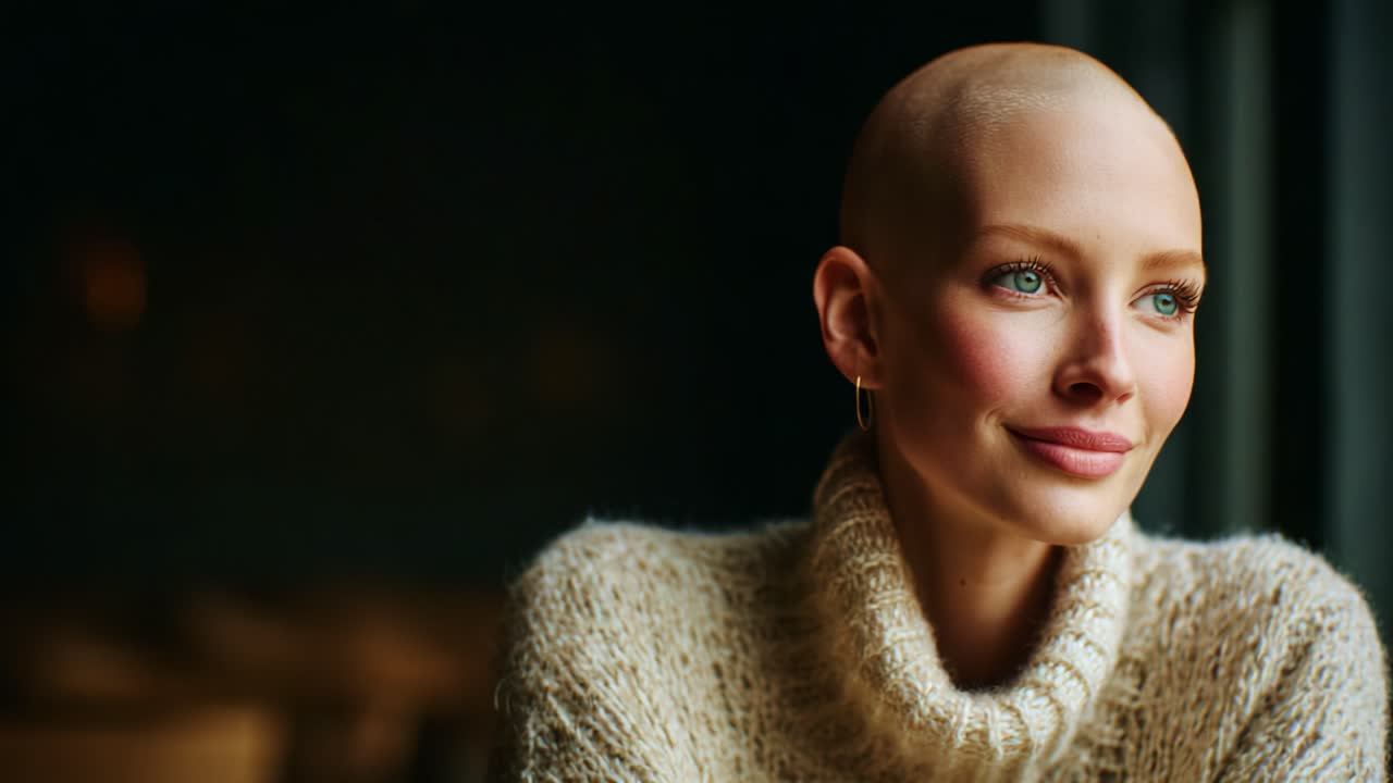 Un bellissimo ritratto di una donna sicura di sé con la testa rasata, che irradia positività e grazia mentre indossa un comodo maglione di lana su uno sfondo con illuminazione soffusa