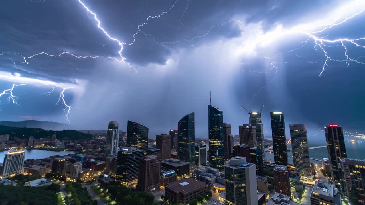 Nuvola temporalesca lampeggiante che lancia fulmini sopra lo skyline della città, intensificandosi e illuminando la colonna di pioggia, con torri.