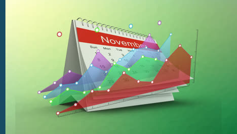 Animation-of-statistics-over-calendar-and-green-background