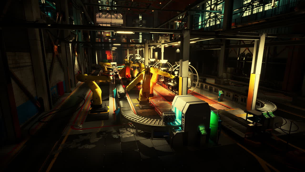 Conveyor belt with robotic arms processing products in a factory during sunset