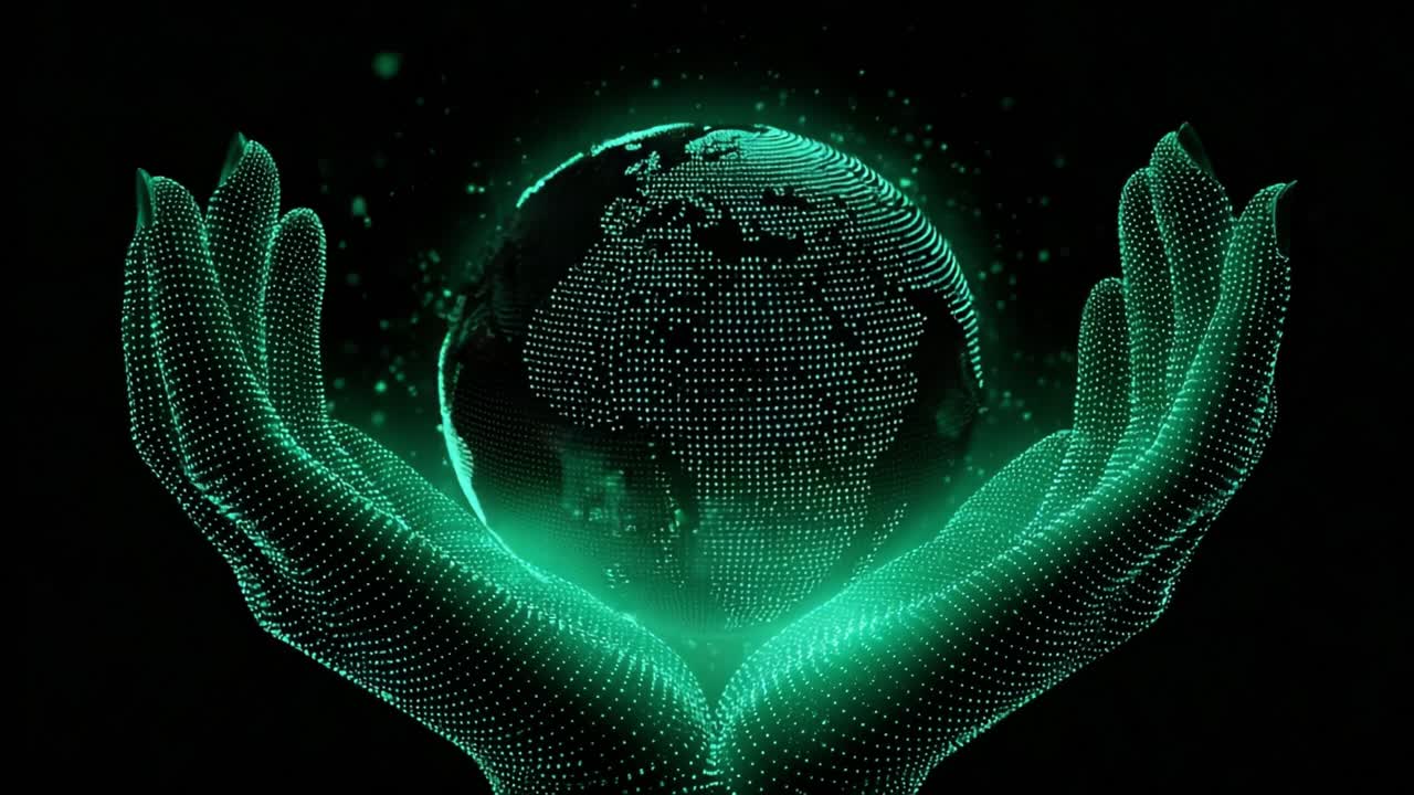Two abstract hands made of green glowing dots gently hold a rotating digital planet Earth, symbolizing technology, global connection, environmental care, and the future of our world
