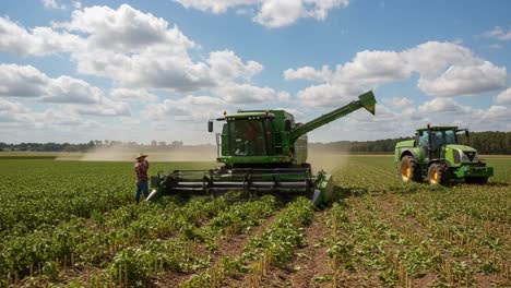 harvesting adventure: a farmer utilizing modern machinery in a lush green field under a blue sky with fluffy clouds, showcasing the essence of modern agriculture