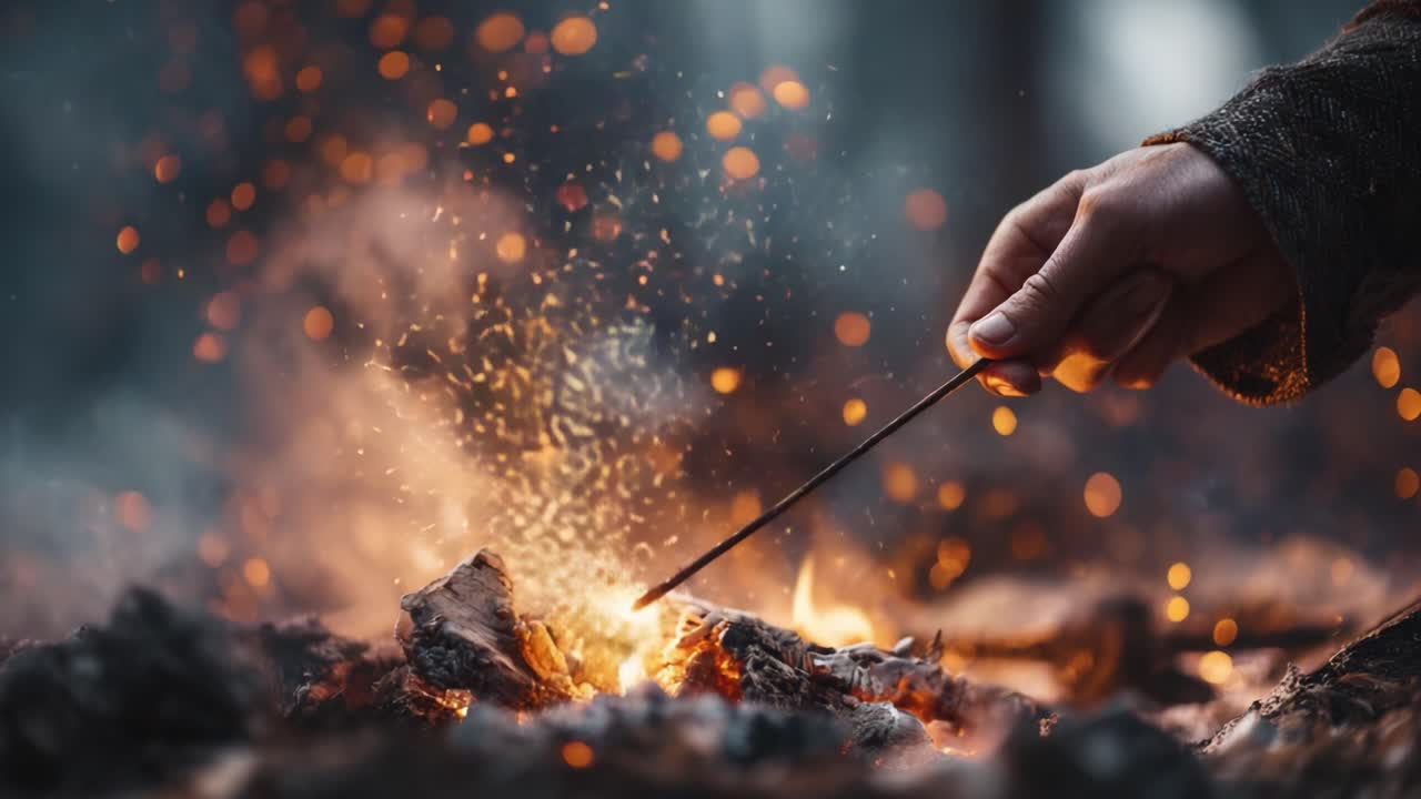 A Warm Glow: Illuminating the Dance of Sparks as a Hand Gently Stirs the Flames, Capturing the Essence of Fire's Beauty and Power in a Captivating Moment