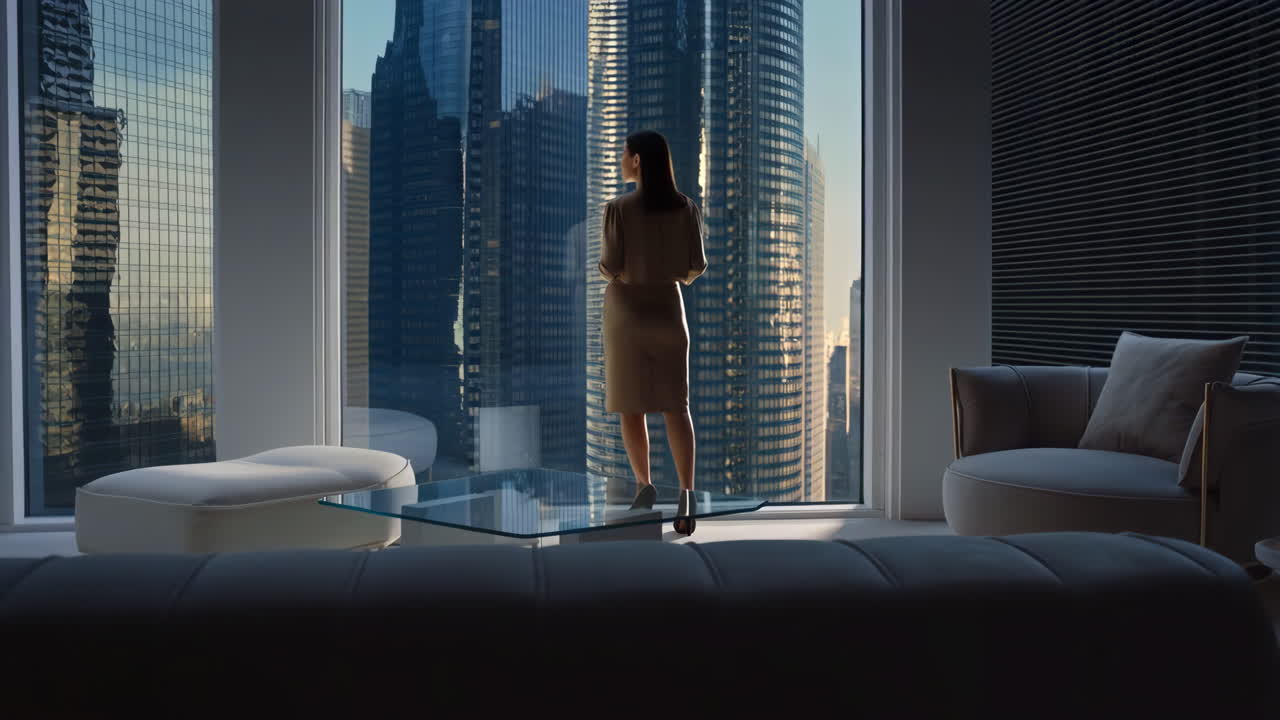 Businesswoman looking at the city skyline from a modern office or luxury apartment