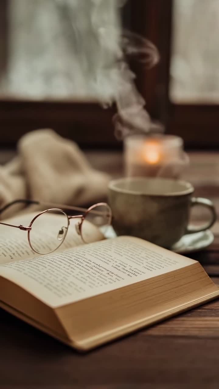 Scena video accogliente con uno stile caldo e vintage. Angolazione ravvicinata di un libro, occhiali e una tazza fumante.
