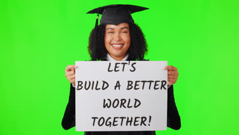 cara, graduado y mujer con un letrero en la pantalla verde