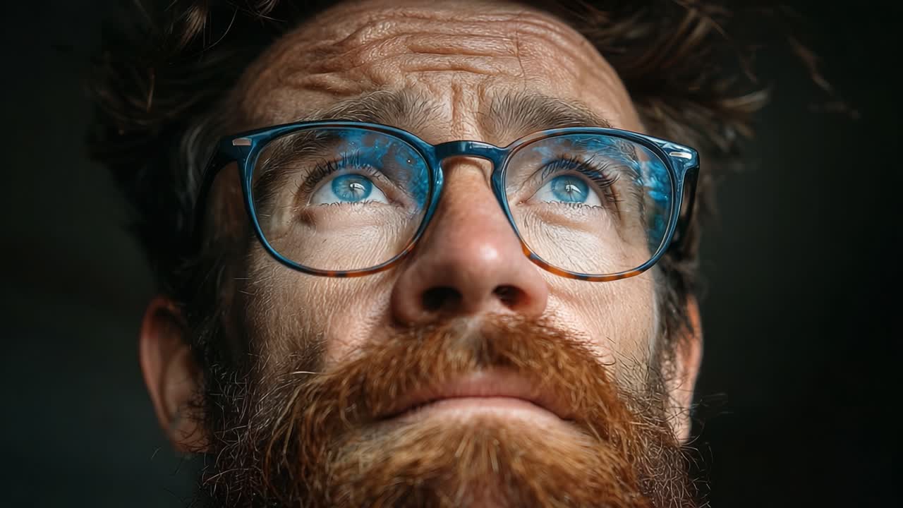 Introspective Moment: Capturing the Contemplation of a Bearded Man with Glasses, Gazing Upwards with a Thoughtful Expression in Soft Lighting