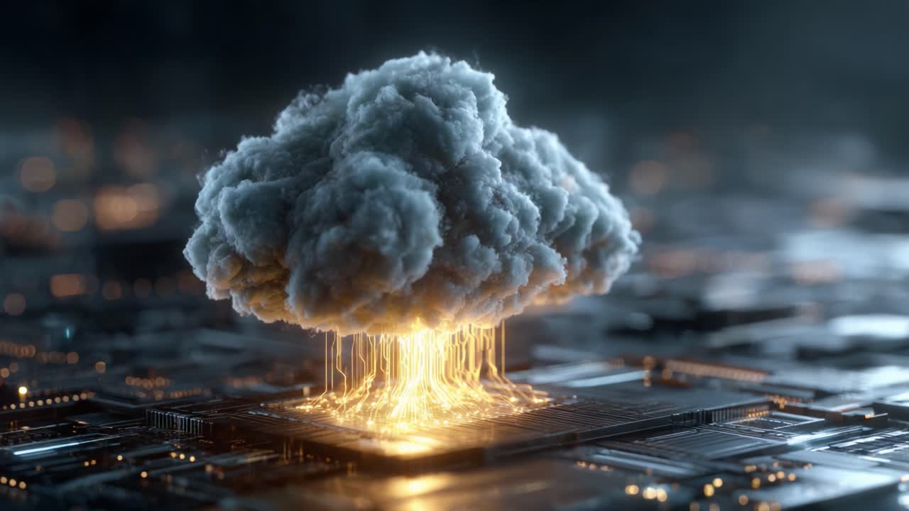 A striking visual representation of a cumulus cloud erupting with streams of golden energy, juxtaposed against a backdrop of intricate circuitry, symbolizing the fusion of nature and technology