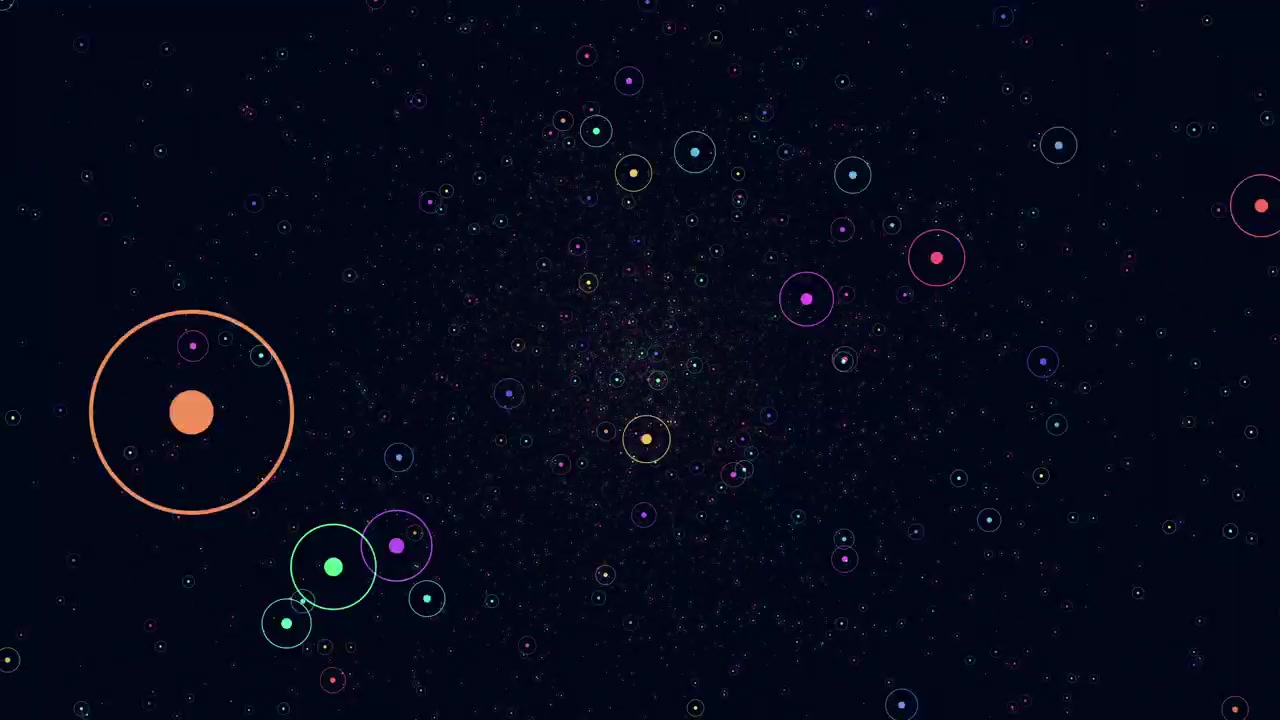 Létající malé neonové duhové prstence a tečky v temné galaxii.