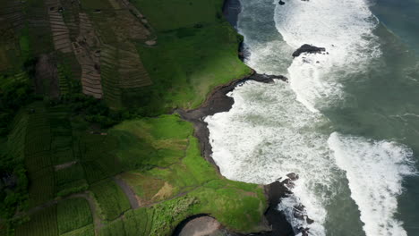 Imágenes-Aéreas-De-Drones,-Costa-Con-Rocas-Negras-En-Bali