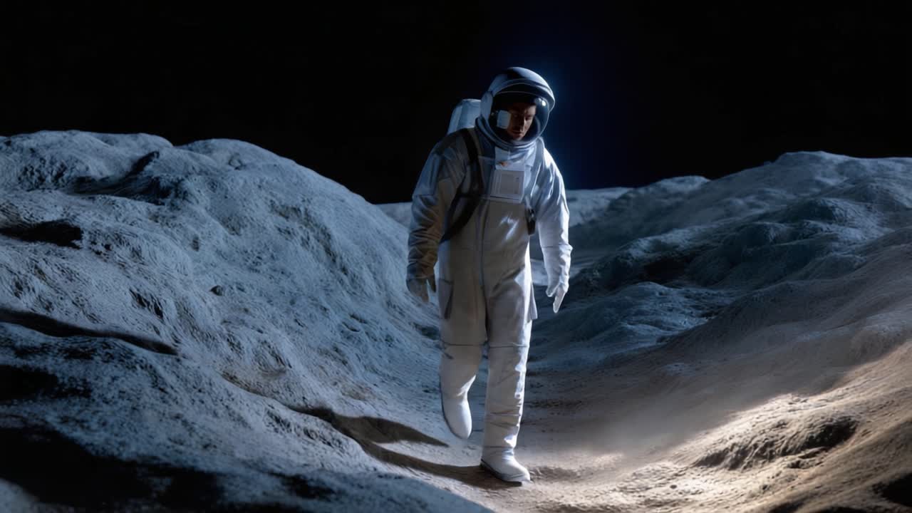 Exploration of a Lunar Landscape: An Astronaut Navigating the Moon's Surface Amidst Dark Skies and Rocky Terrain in a Futuristic Space Suit