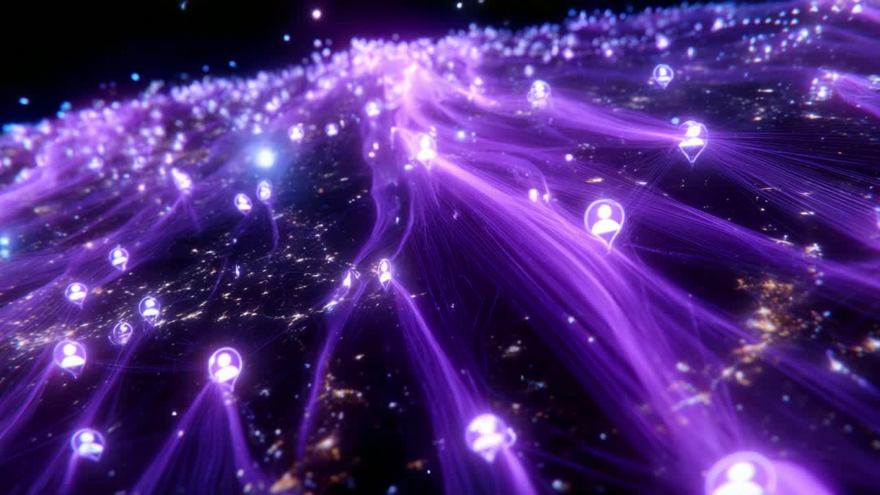A captivating visual representation of interconnected networks, showcasing vibrant purple streams of light symbolizing digital connections across a vast landscape, illustrating the flow of data and social interactions