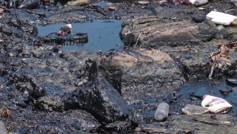 Orilla-Del-Mar-Muy-Contaminada,-Con-Basura-Flotante-Y-Aceite