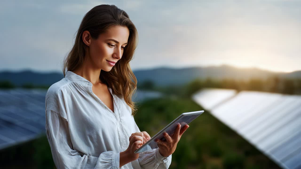 A young woman engaging with a tablet in an outdoor setting, surrounded by solar panels, highlighting the integration of technology and renewable energy in a serene and modern landscape