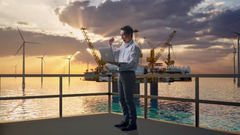 businessman celebrating success at offshore wind farm
